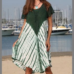 Deep Green & White Tie-Dye Swing Dress, O/S